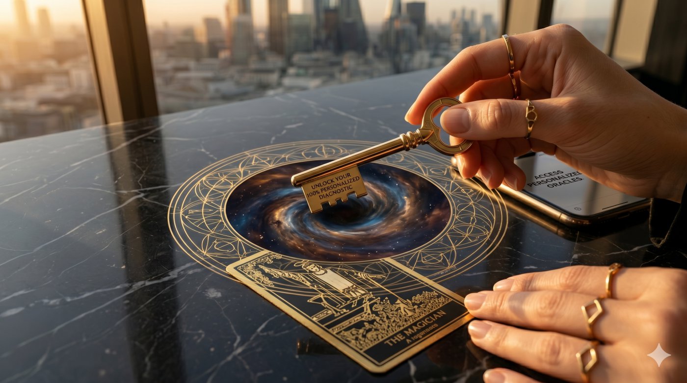Luxury gold key unlocking a cosmic portal on black marble desk with Magician tarot card. High-intent call to action for 100% personalized spiritual diagnostic and relationship alig