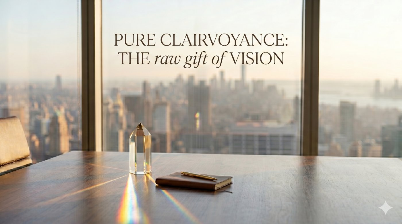 Minimalist luxury office with a crystal prism on a marble desk, reflecting natural light against a city skyline, symbolizing pure clairvoyance and strategic vision.