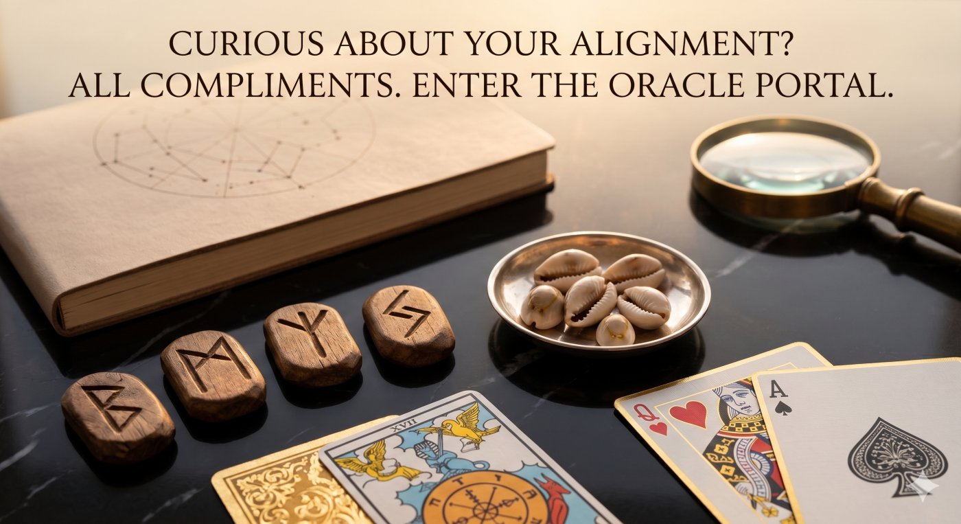 Mosaic of various oracle tools on a dark marble surface, inviting to a free tarot and psychic reading portal.