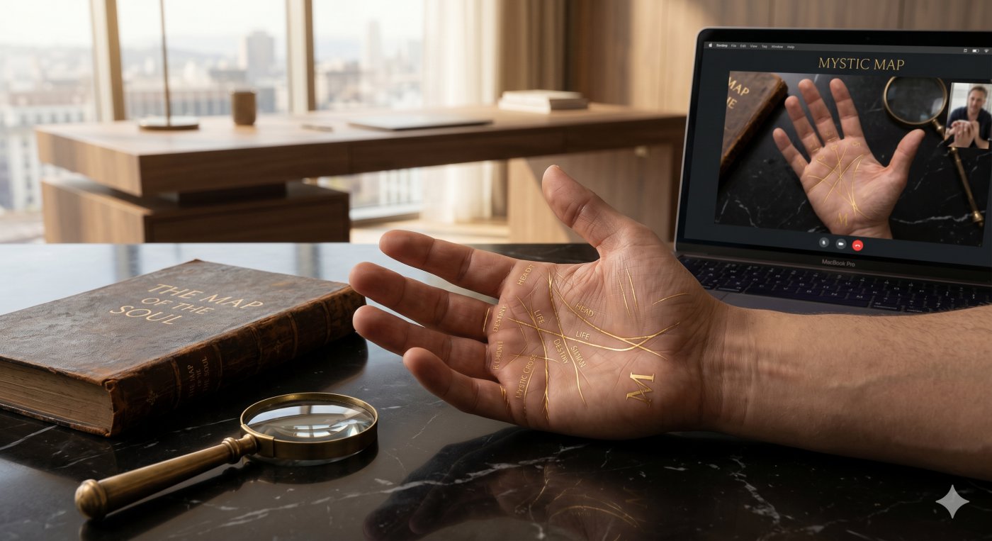 Digital palm reading: gold M sign and rare lines on hand over black marble and laptop