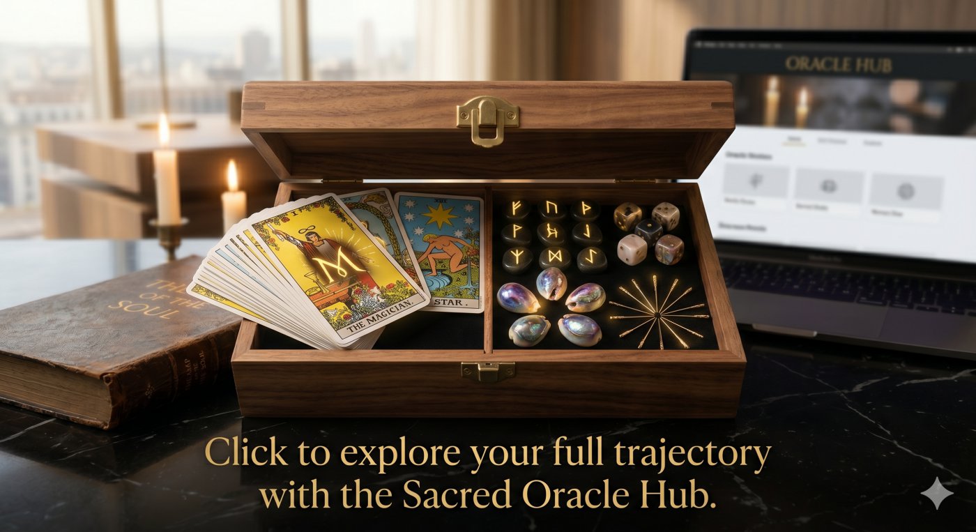 Oracle Hub banner: luxury wooden box with Tarot cards, runes, sacred shells, and dice on black marble for love readings