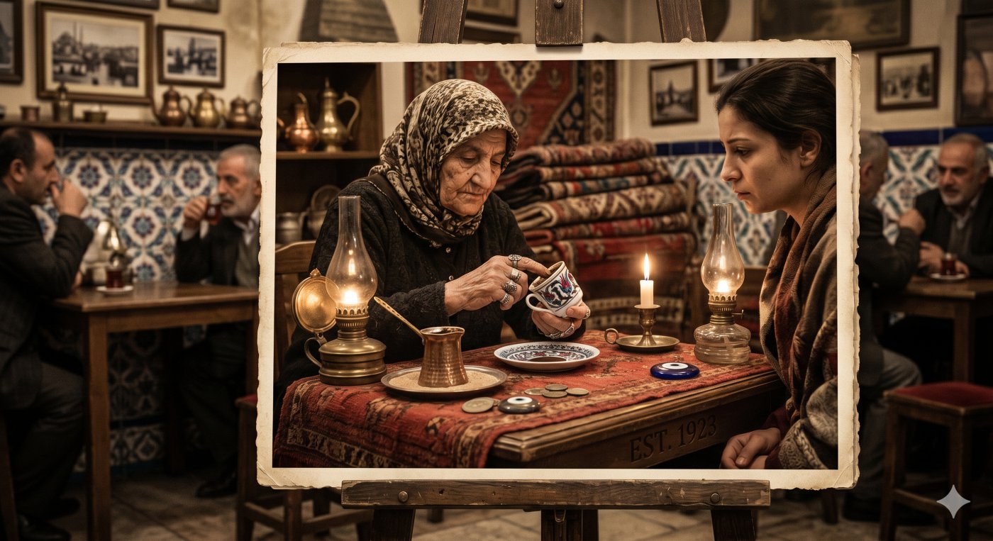 Classic Turkish coffee reading: an elderly fortune teller in a traditional headscarf interpreting a cup for a young woman in a dimly lit, vintage café