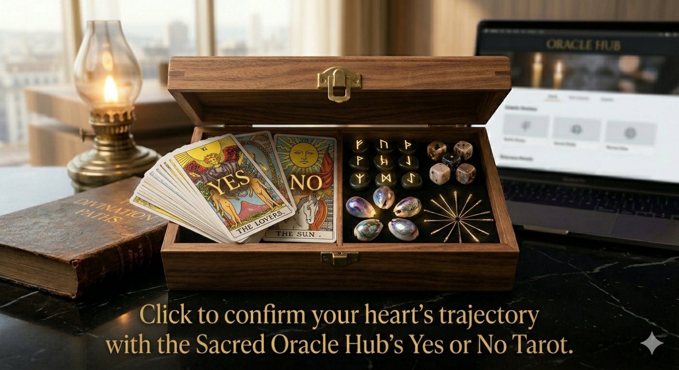 Yes or No Tarot love reading: luxury wooden box with oracle cards, runes, and sacred shells for heart trajectory confirmation