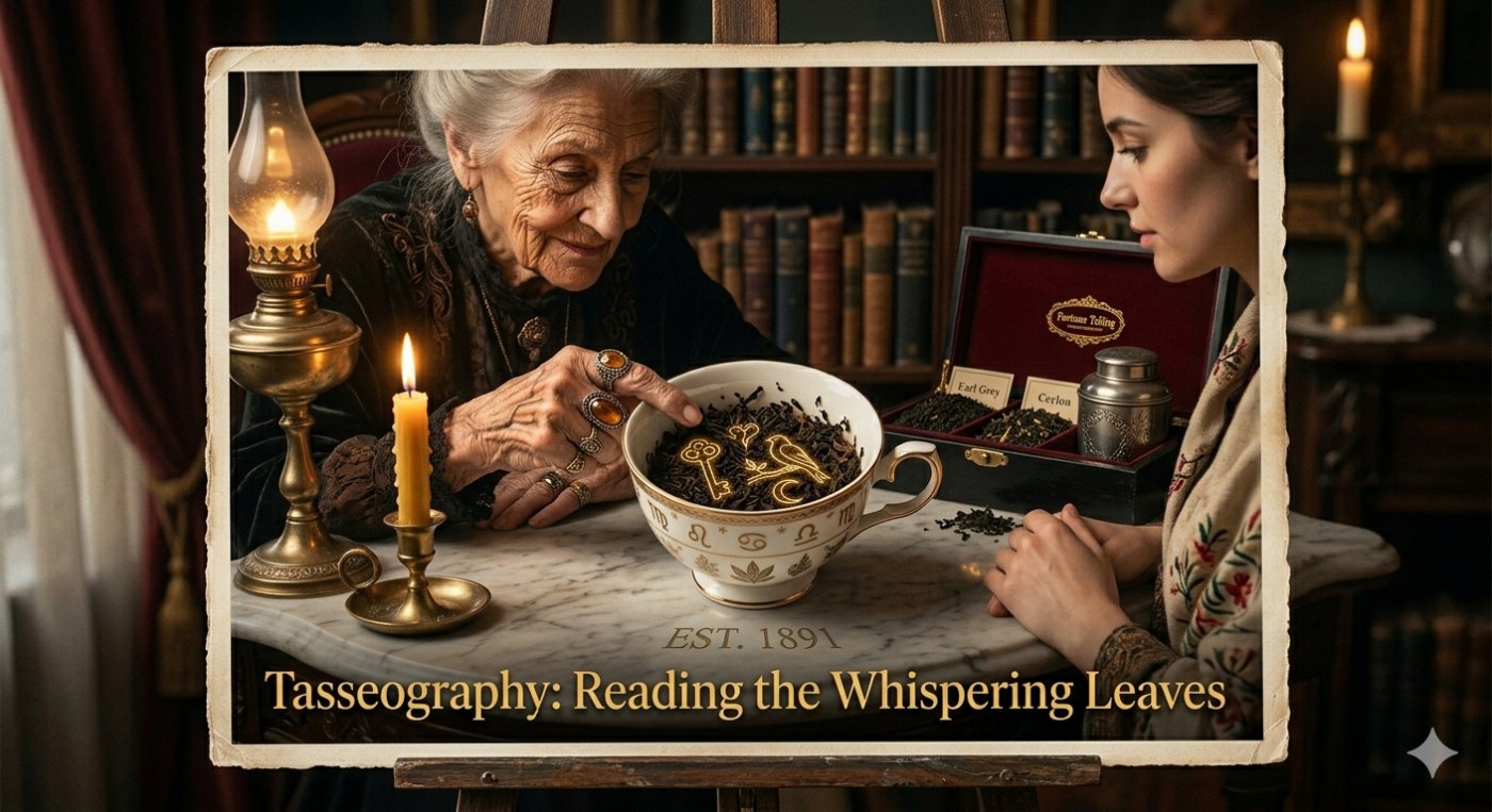 Tasseography master reading tea leaves for a seeker in a vintage library with golden symbols in the cup