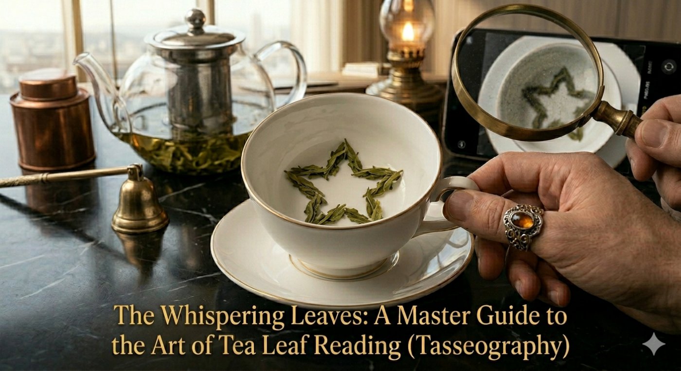 Tasseography guide: green tea leaves forming a star symbol in a porcelain cup for mystical future reading