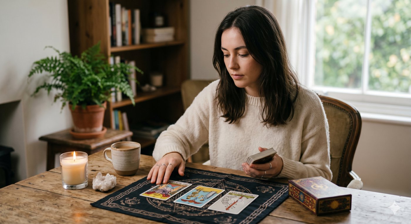 Woman performing a tarot reading for love, focused on cards like the Two of Cups on a wooden table with crystals and candles.