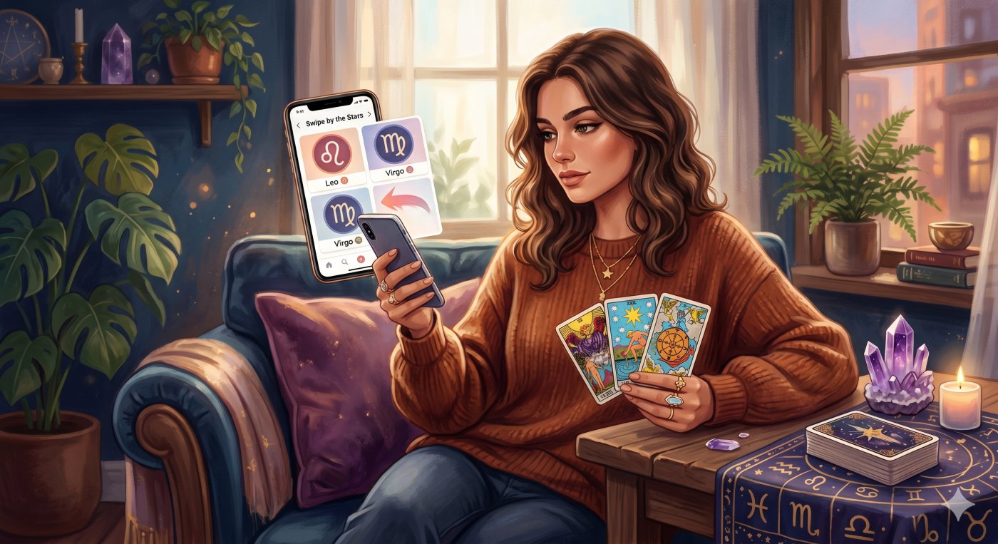 "A woman holding a smartphone with zodiac symbols for a dating app and tarot cards, using astrology to manage expectations."