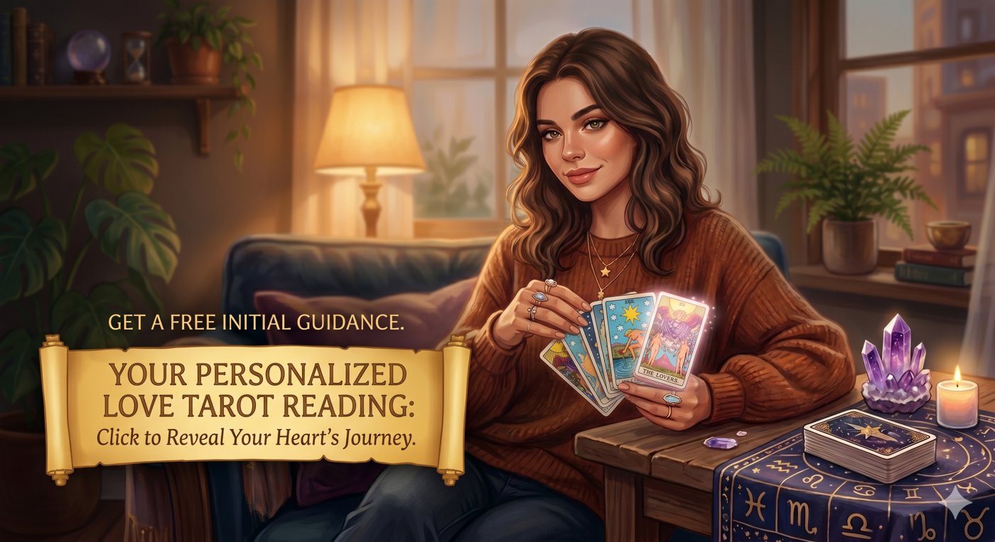 A welcoming woman with a tarot deck, inviting for a free personalized love tarot reading in a mystical setting.