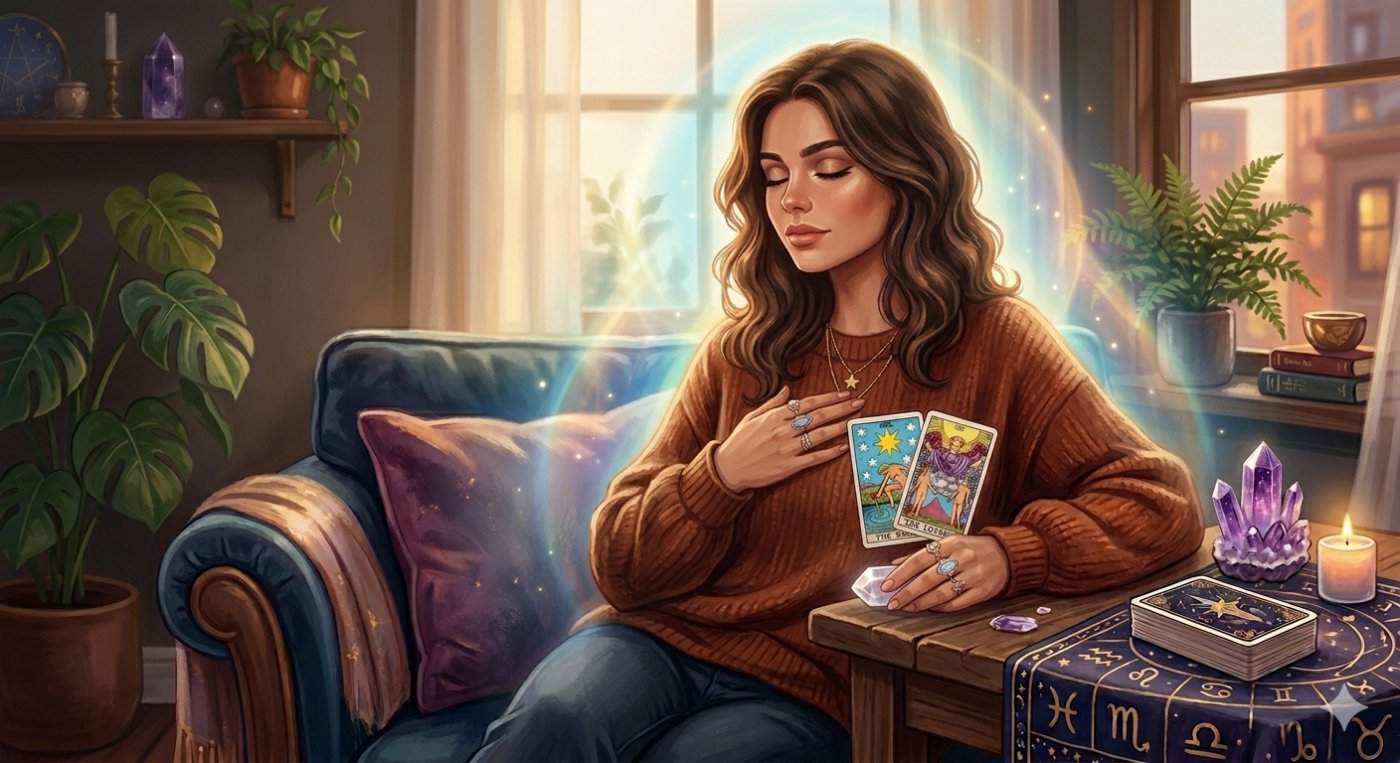 A beautiful woman in a mystical setting practicing visual meditation to clear her emotional aura for love, with a glowing expanded field surrounding her.""