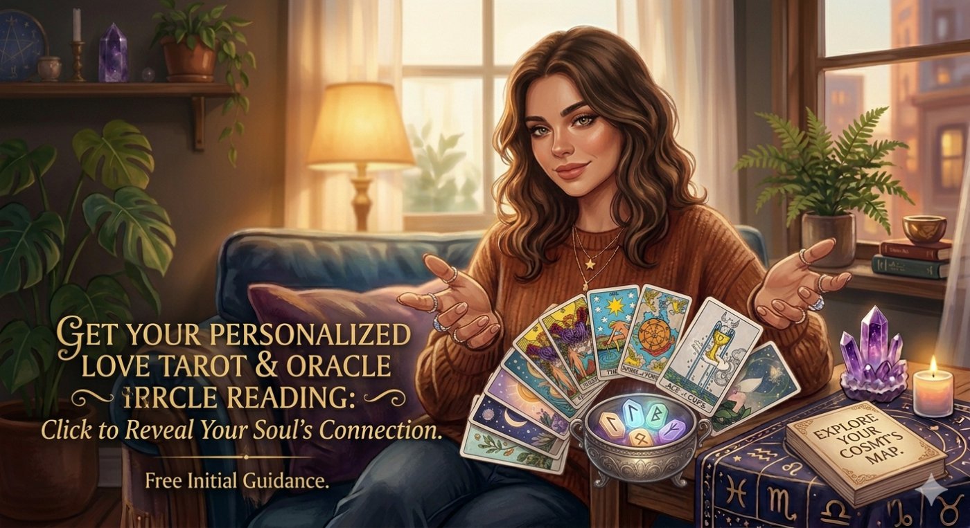 A welcoming woman presenting fanned-out tarot cards and glowing runes, inviting for a personalized love tarot and oracle reading in a mystical setting