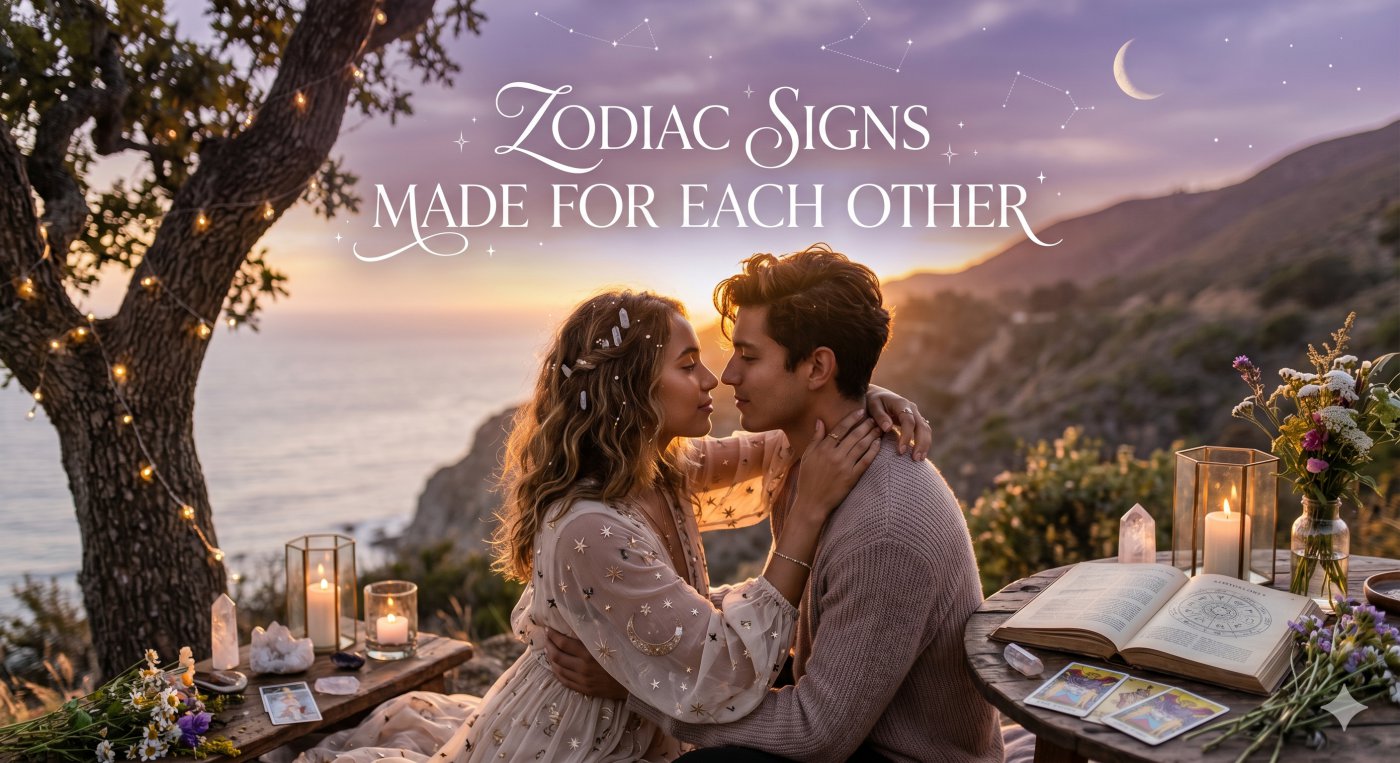 A romantic couple in a mystical setting with tarot cards, representing zodiac signs made for each other