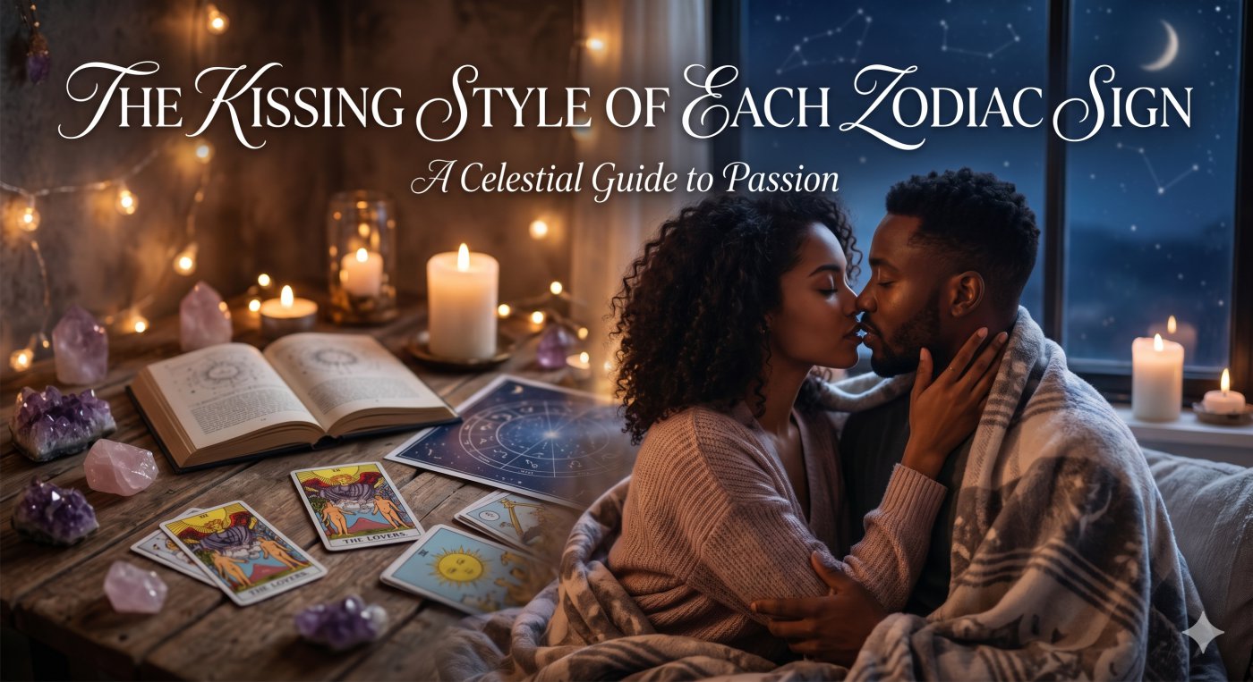 A romantic couple about to kiss in a mystical setting with crystals and tarot cards, illustrating the kissing style of each zodiac sign