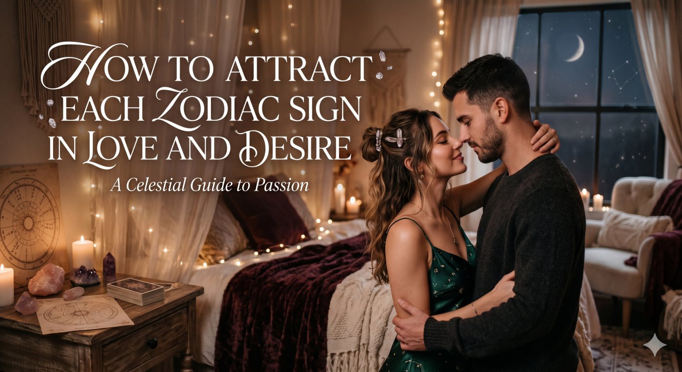 A romantic and sensual couple in a dimly lit mystical bedroom with candles and crystals, illustrating how to attract each zodiac sign in love and desire