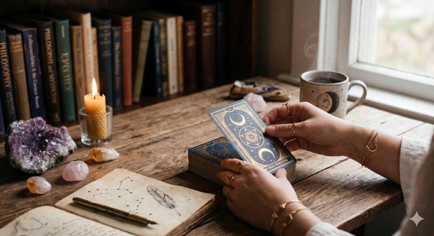 A professional tarot reader studying a deck on a wooden desk with crystals, candles, and ancient books, illustrating how tarot practice helps develop intuition and mental clarity.