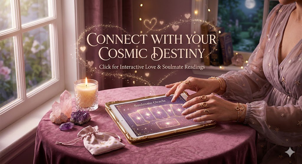 A romantic and mystic scene of a woman using a tablet for an interactive soulmate tarot reading, with the text 'Connect with your Cosmic Destiny - Click for Interactive Love & Soul