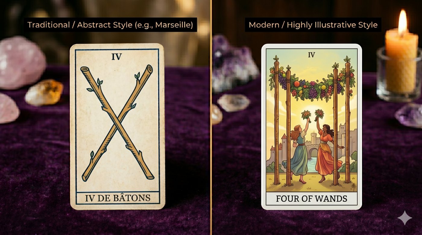 A comparison showing the difference between an abstract deck style that relies on memorization and a modern illustrative style that uses landscapes and characters to trigger immedi