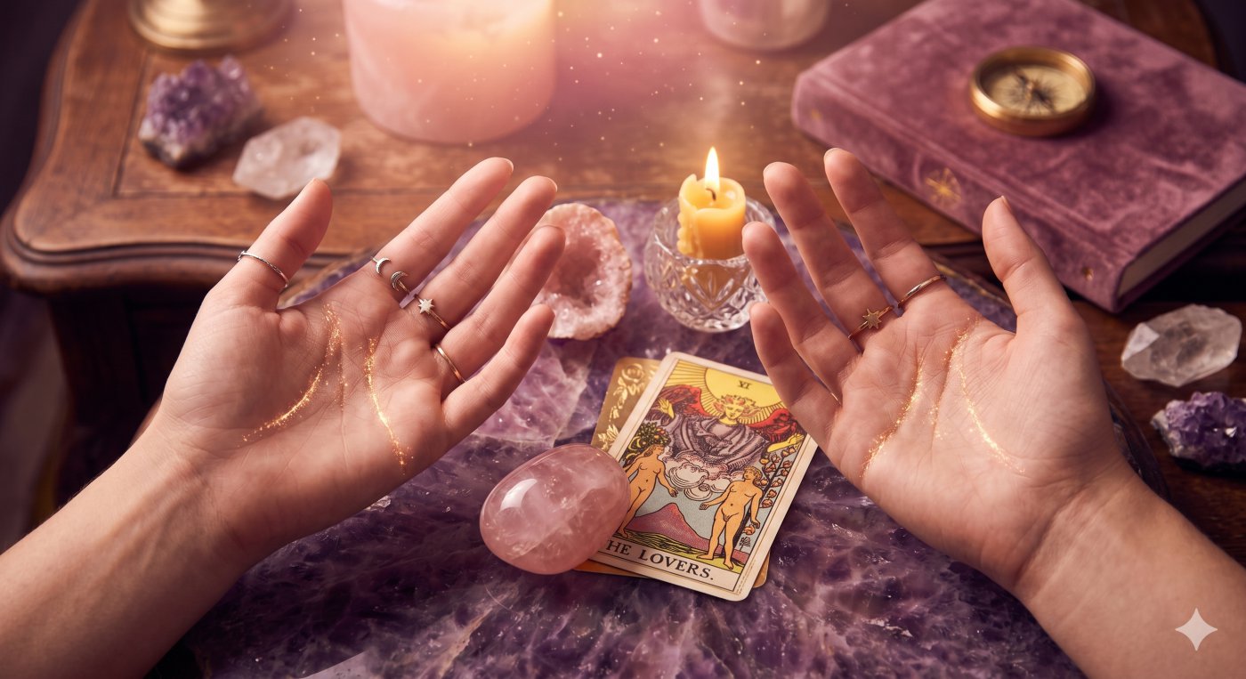 Expert" feel of the article. Since the image features the "Lovers" card and glowing palm lines, use this