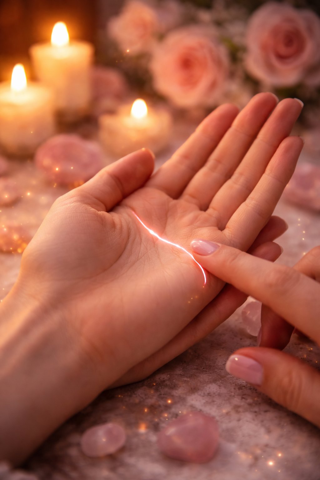 Detailed view of a human palm with the Heart Line clearly highlighted, shown in a mystical setting with candles and crystals to illustrate love palmistry meanings