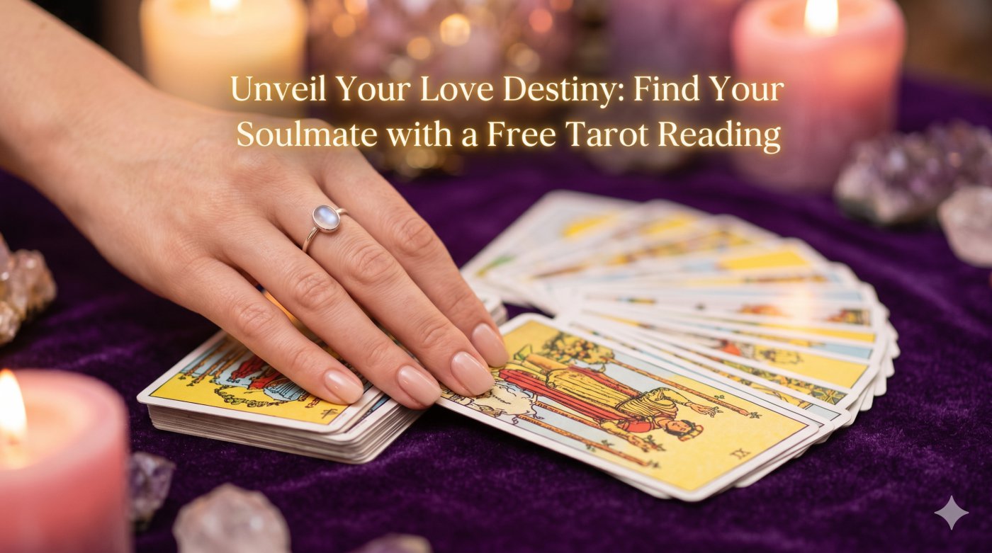 A hand drawing a card from a Tarot deck on a mystical table with candles, inviting the user to a free interactive love tarot reading