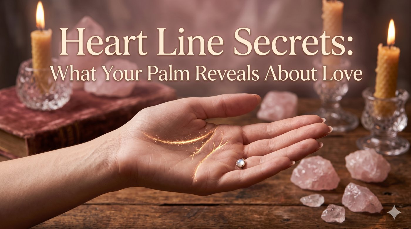 A beautiful, close-up photograph of an open palm with the Heart Line highlighted by golden light, on a mystical table with crystals and candles, featuring the text 'Heart Line Secr