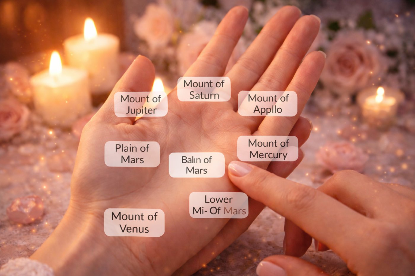 A comprehensive map of the human palm showing the locations of the Mounts of Venus, Jupiter, Saturn, Apollo, Mercury, Mars, and the Moon for palmistry analysis.