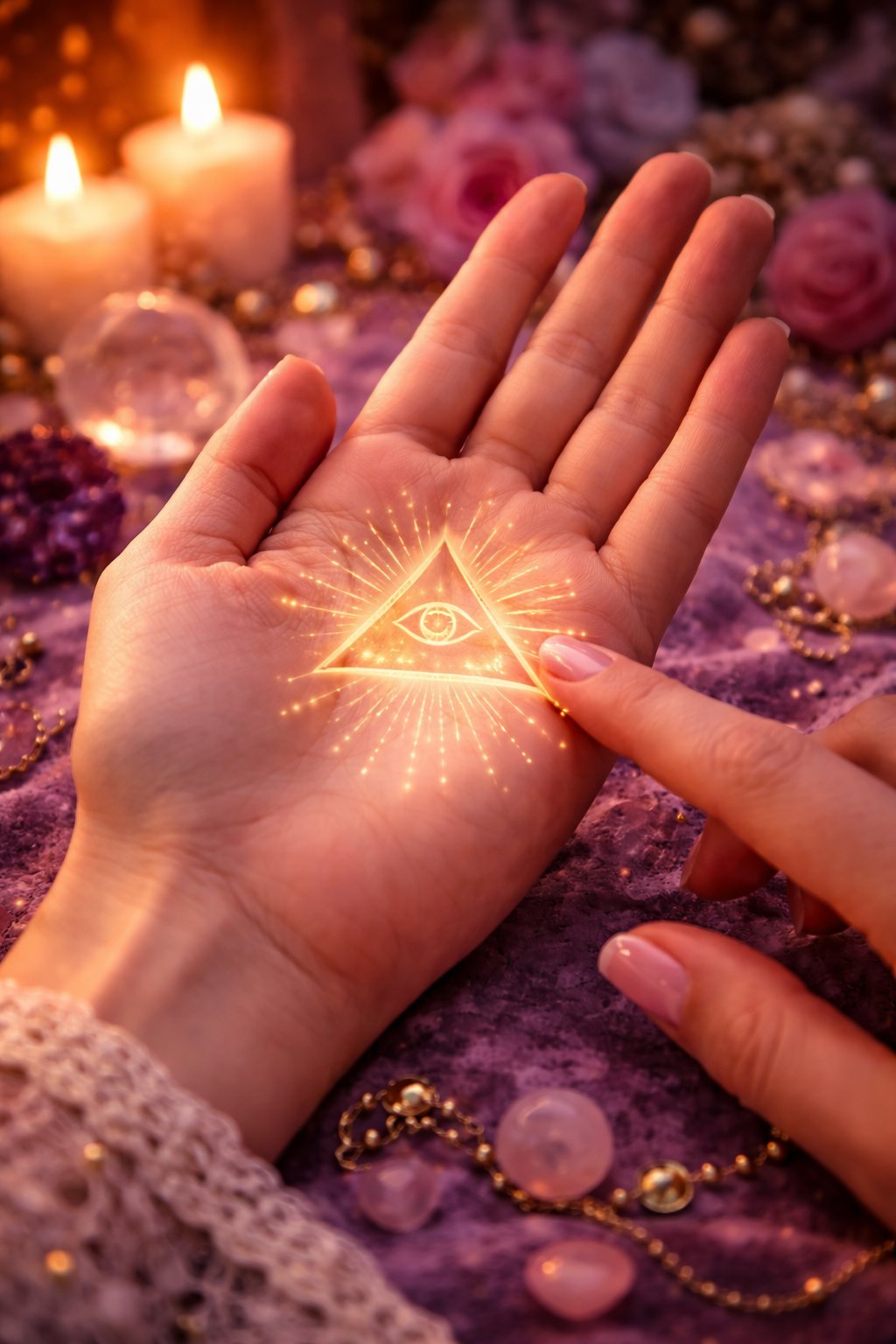 Close-up of an open palm being analyzed in a mystical setting with candles and crystals, illustrating a professional palmistry reading