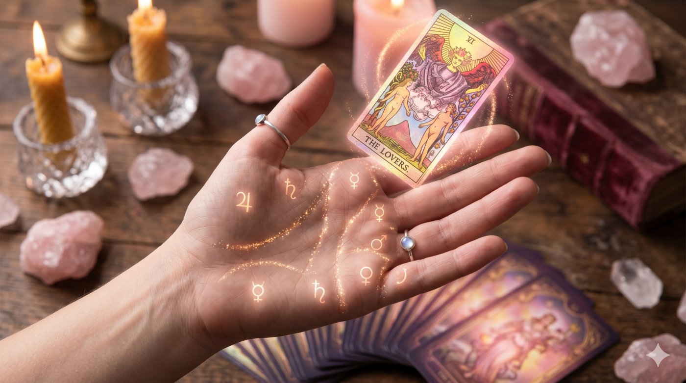A beautiful close-up photograph of an open palm with highlighted planetary mounts, transitions to a hand drawing a vibrant Tarot card from a deck on a mystical table with rose quar