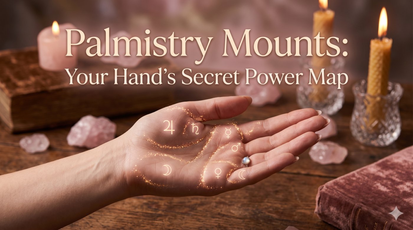 A beautiful, close-up photograph of an open palm with planetary mounts highlighted by golden light, on a mystical table with crystals and candles, featuring the text 'Palmistry Mou