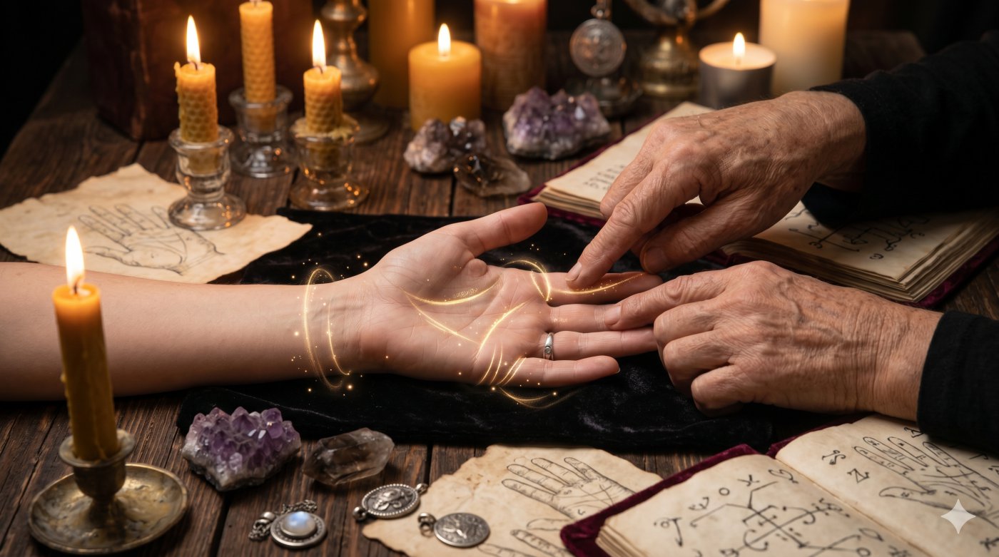 Detailed close-up of hands examining the Ring of Solomon and Venus Girdle marks on a mystical table with candles.
