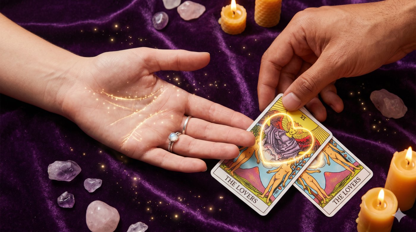 Detailed close-up of hands examining the Ring of Solomon and Venus Girdle marks on a mystical table with candles.