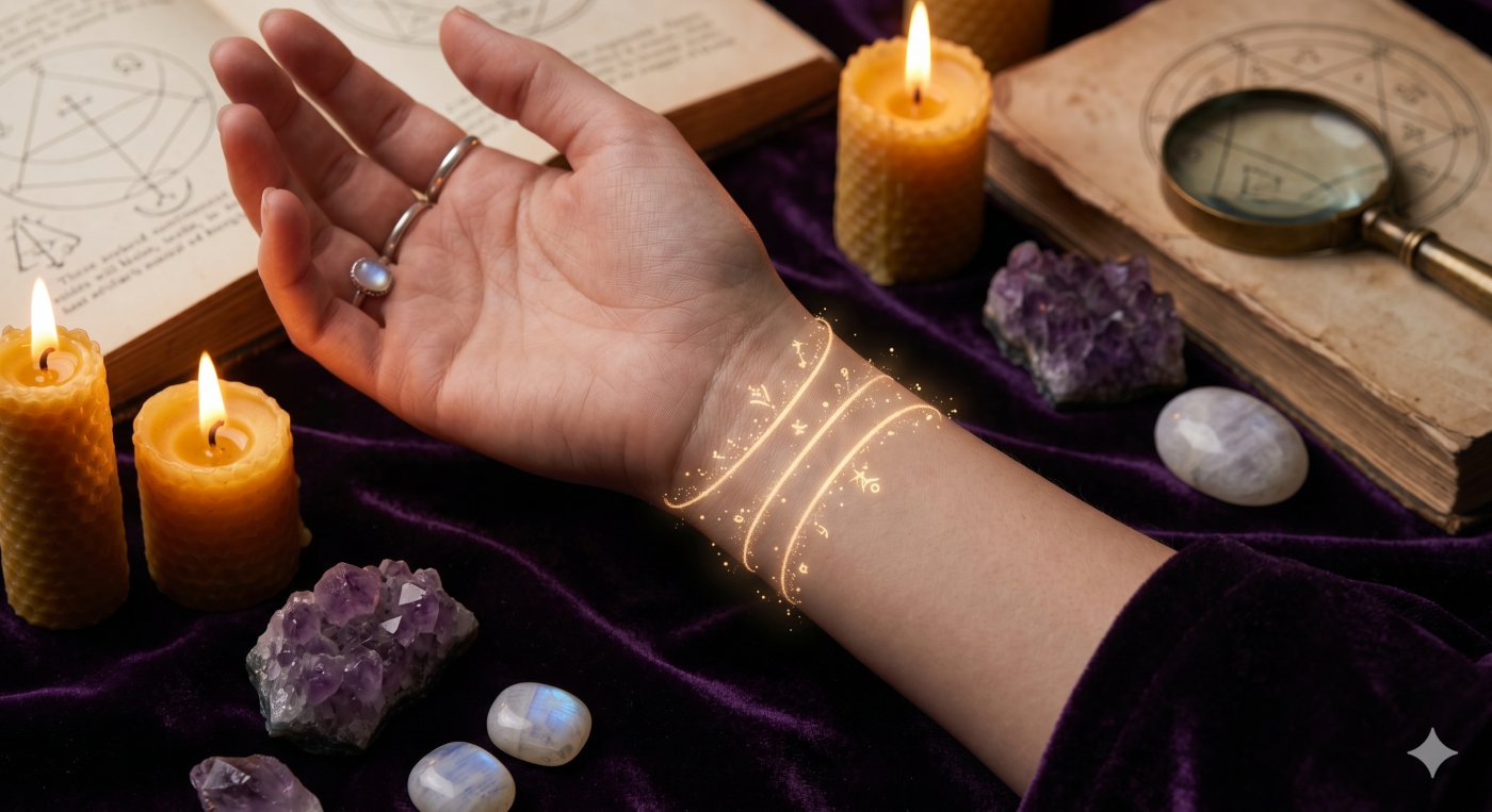 Detailed close-up of a wrist showing the three Rascettes or bracelets of life highlighted by a soft, mystical golden stardust on a deep purple velvet background