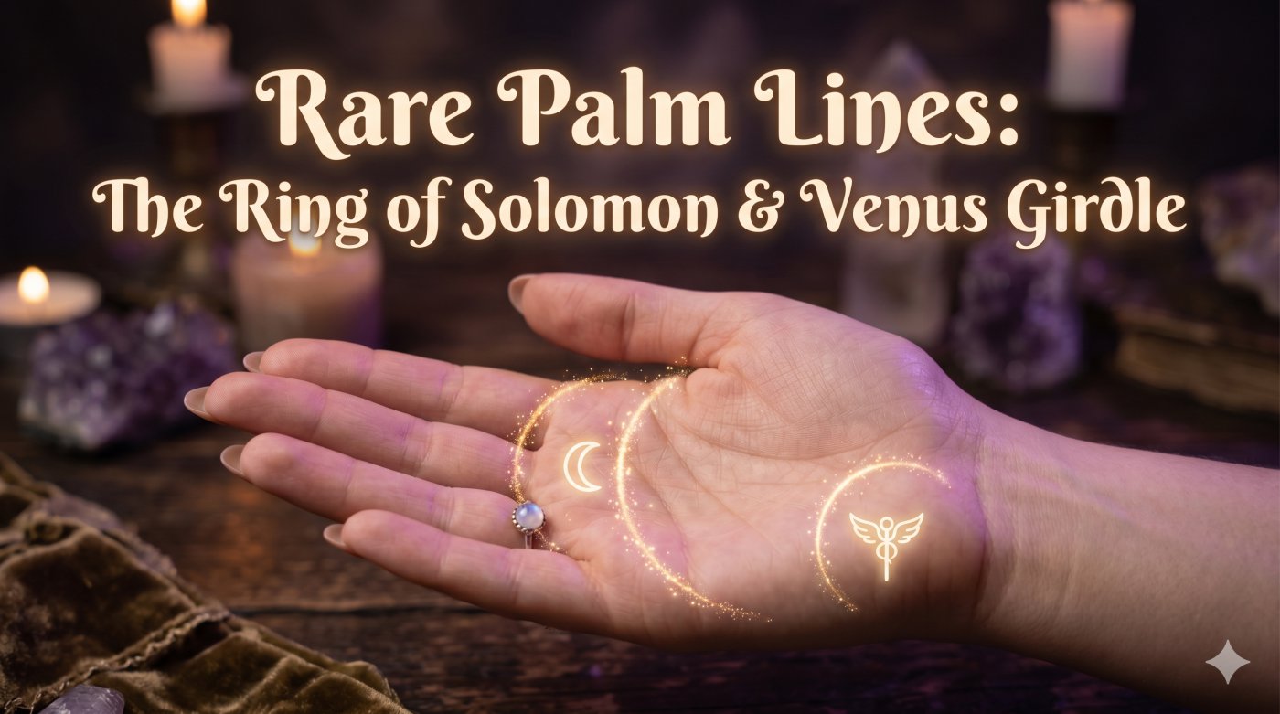 A detailed close-up of an open palm with highlighted rare lines including the Ring of Solomon and Venus Girdle, transitions to a hand drawing a vibrant Tarot card from a deck on a