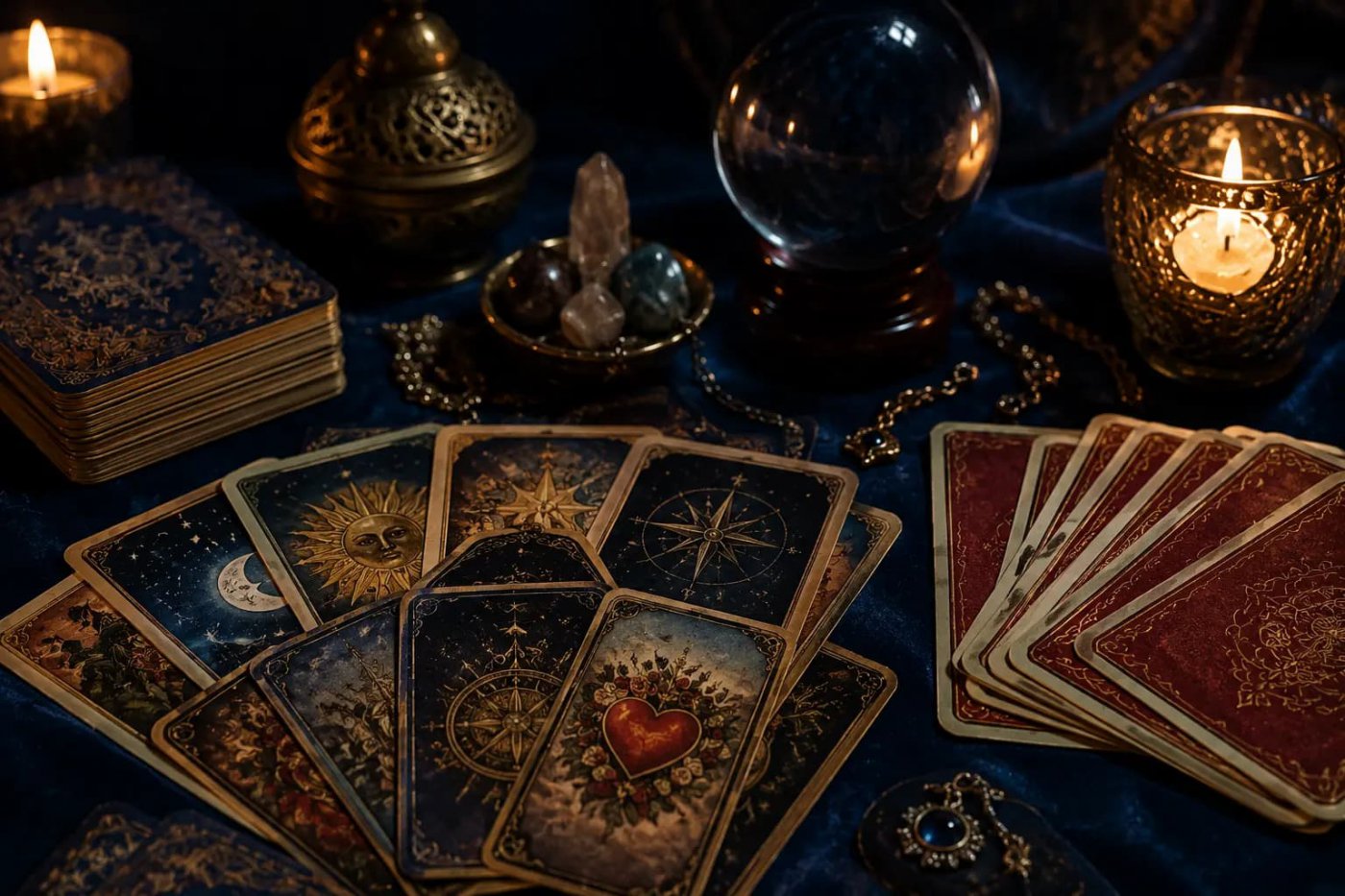 Tarot and Lenormand cards laid out together on a table for a love reading.