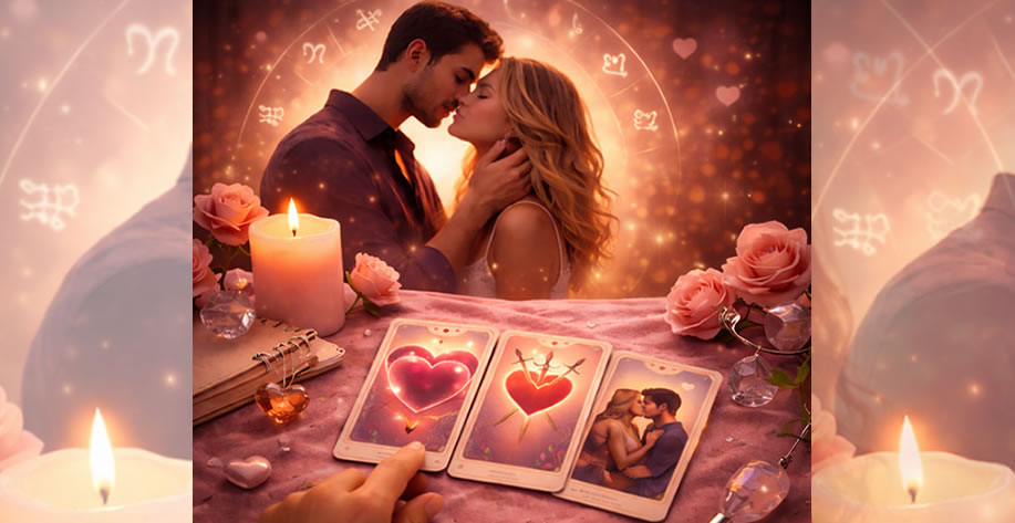 Daily love tarot reading free for today showing romantic couple and tarot cards with guidance about love, feelings, and relationship energy