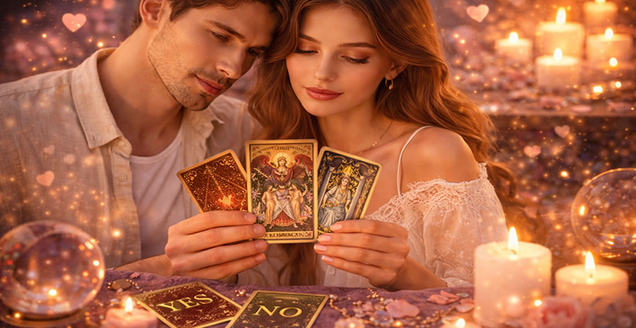free online love tarot reading yes or no instant answers romantic couple with tarot cards relationship guidance